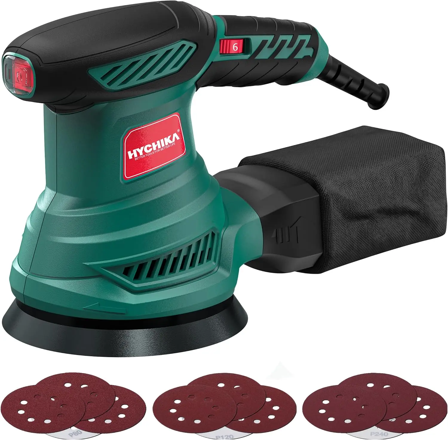 HYCHIKA  Orbital Sander, 13000RPM Electric Palm Sander with 6 Variable Speeds, Motor, 12PCS Sandpapers and Efficient Dust Bag, for Woodworking, Finishing and Polishing