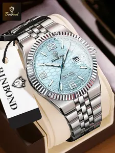 BINBOND Top Business Men's Watches Stainless Steel Textured Luminous Analog Watch Dial Leisure Fashionable Wristwatch Quartz Watch Waterproof Outdoor Sports Watch
