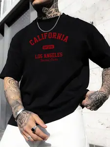 Men's Plus Size Los Angeles Graphic T-Shirt - Casual Polyester Crew Neck Tee with Bold California Print, Machine Washable, Ideal for Summer, PLUS SIZE