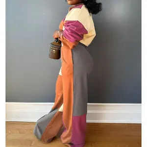 Casual Patchwork Women's Two-Piece Set Long Sleeve Zipper Pullover Straight Drawstring Pants(Sheet)