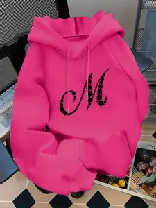 Women's Fashion Hooded Sweatshirt Tops, M Letter Print Kangaroo Pocket, Casual Long Sleeve Fitted Fall & Winter Wear, Daily Outdoor Leisure