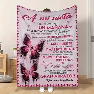 To My Granddaughter Gift from Grandma Spanish Inspirational Quote Soft Cozy Flannel Blanket Pink Butterfly Print Warm Fuzzy Plush Throw Perfect for Birthday Graduation Christmas Home Decor