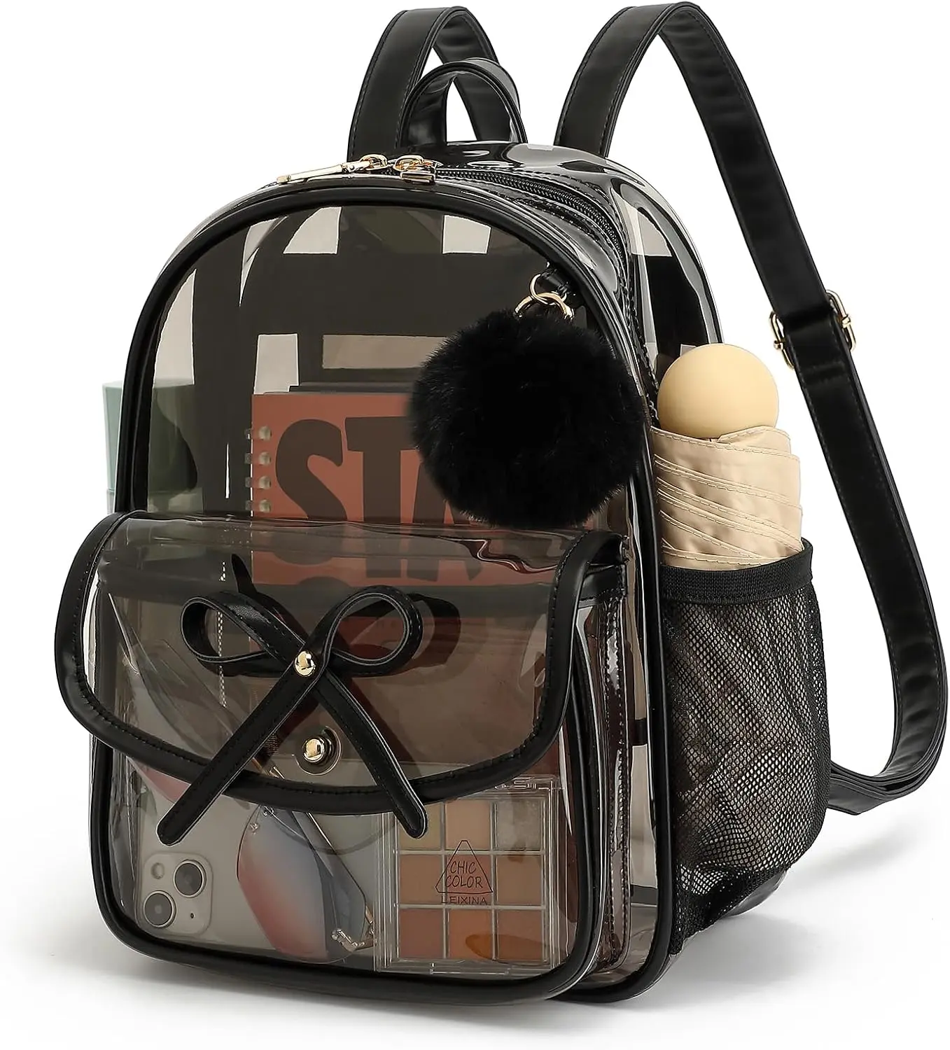 Clear Backpack for Stadium Events 12x12x6, Thick PVC Small Clear Bag with Leather Trim Fashion Women BackpackGift.