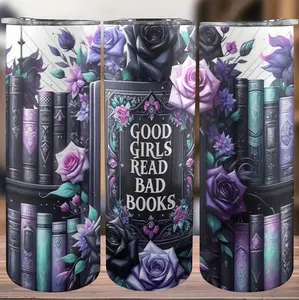 Insulated Vacuum Flask Tumbler - Stylish "Good Girls Read Bad Books" Design with Roses, Bookshelf Art, Ideal for Autumn Activities, Gifting, Flasks