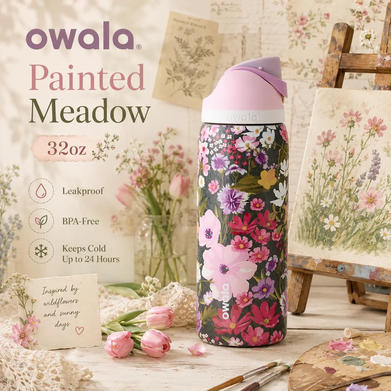 Owala FreeSip 32oz “Flowers” Limited Edition Leak-Proof Stainless Steel Water Bottle Gift for Girls, Vintage Aesthetic Cup Tiktok Viral