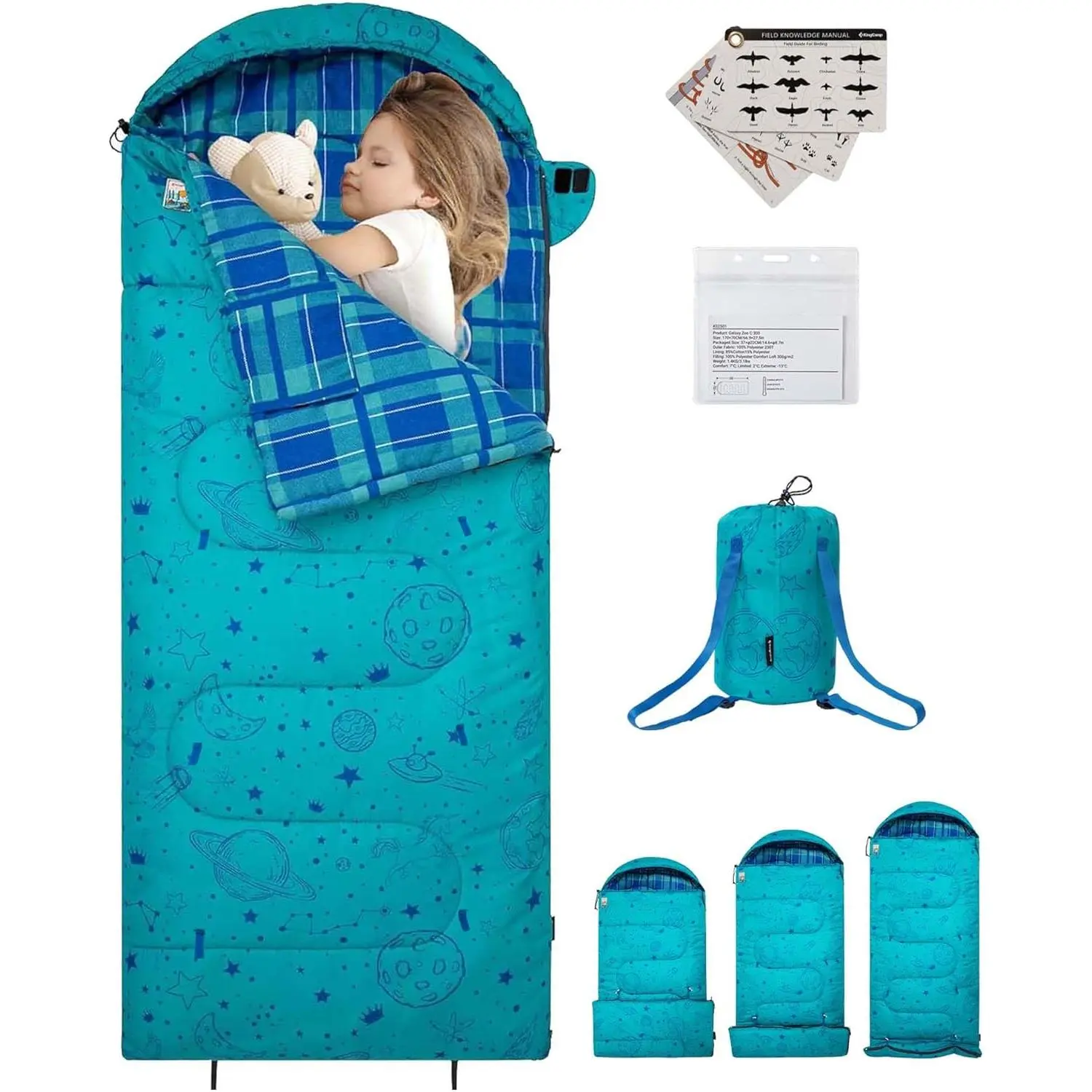 KingCamp Kids 45°F Rectangular Backpacking Sleeping Bag, Space-Themed Flannel for Ages 10-12 (Up to 5'5"), Lightweight Waterproof Camping Gear, Pack Rectangular Sleeping Bags, Outdoor, Space Theme, 4'7"-5'5" Tall, 8.6°F ~44.6°F Cyan Left 4-In-1-Ks2601_cya