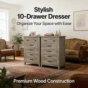 LH- 5-Drawer Dresser 41.3" VerticalElevate Your Living Room with this Rustic Freestanding Wood Chest with Large Storage for Bedroom or Living Room Multiple Colors MDF Construction Anti-Tipping Device Light Vanity Set Mirror C-Shaped Table
