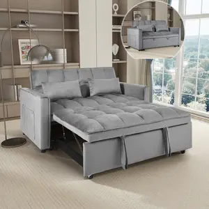 3 in 1 Convertible Sleeper Sofa Bed, Modern Futon Couch Pullout Couches Bed, Velvet Small Loveseat with Adjustable Backrest, Storage Pockets and Pillows, for Living Room Lounge,Gray/Black/Blue