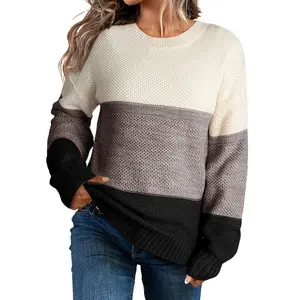 Dokotoo Womens Color Block Sweaters Long Sleeve Crewneck Pullover Knit Jumper Tops