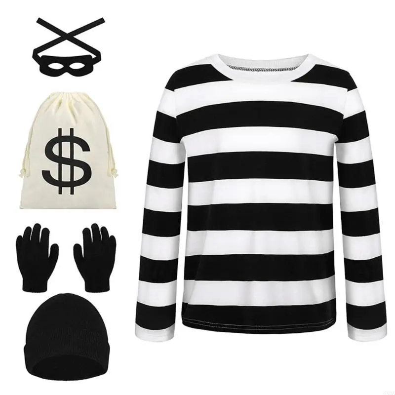 Halloween Burglar Robber Costume Set - Long Sleeve Striped T-Shirt, Cap, Money Bag, Eye Mask, Gloves, Simple Cosplay Accessories 6XDA, Thief Suit Five Piec