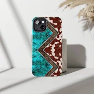 Western Cowhide & Turquoise Phone Case  Boho Cowgirl Aesthetic  For iP Phone 15, 14, 13, 12, 11, X Series (Pro, Max, Plus)