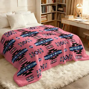 Boho Aztec Flannel Throw Blanket, Pink Tribal Geometric Southwestern Style Blanket for Girls Teens, Multi-Use Cozy Blanket for Bed Sofa Cover Office Nap Car Camping Travel