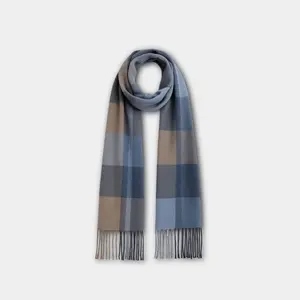 Grey Blue Tassel Plaid Scarf
