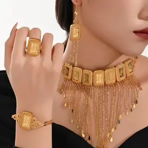 Middle Eastern Style 5-Piece Matching Jewelry Set, Elegant Rose Design Wedding Necklace Bracelet Earrings Ring, Copper Plated 24k Gold Rain Pendant