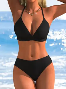 Classic Black Bikini Sexy Triangle Cup Halter Back Crossed Straps Swimsuit High Waist Swimwear Women Summer Beach Vacation Two-Piece Bathing Suit Triangle Bikini Top