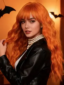 Women's Long Wave Synthetic Wig, Halloween Pumpkin Medium Curl, Role Play Party Wear, High Temperature Fiber, Synthetic Wavy Wig