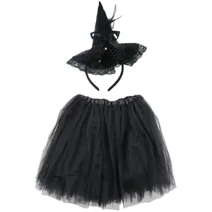 Classic Black Witch Costume Set for Adults & Plus Size – Tutu Skirt & Headband Hat – Spellbinding Outfit for Halloween & Cosplay
