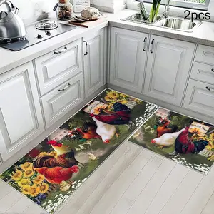 Rooster Pattern Kitchen Mat, 2 Counts/set Non-slip Washable Kitchen Rug, Farmhouse Sunflower Kitchen Cushioned Runner Rug Decor