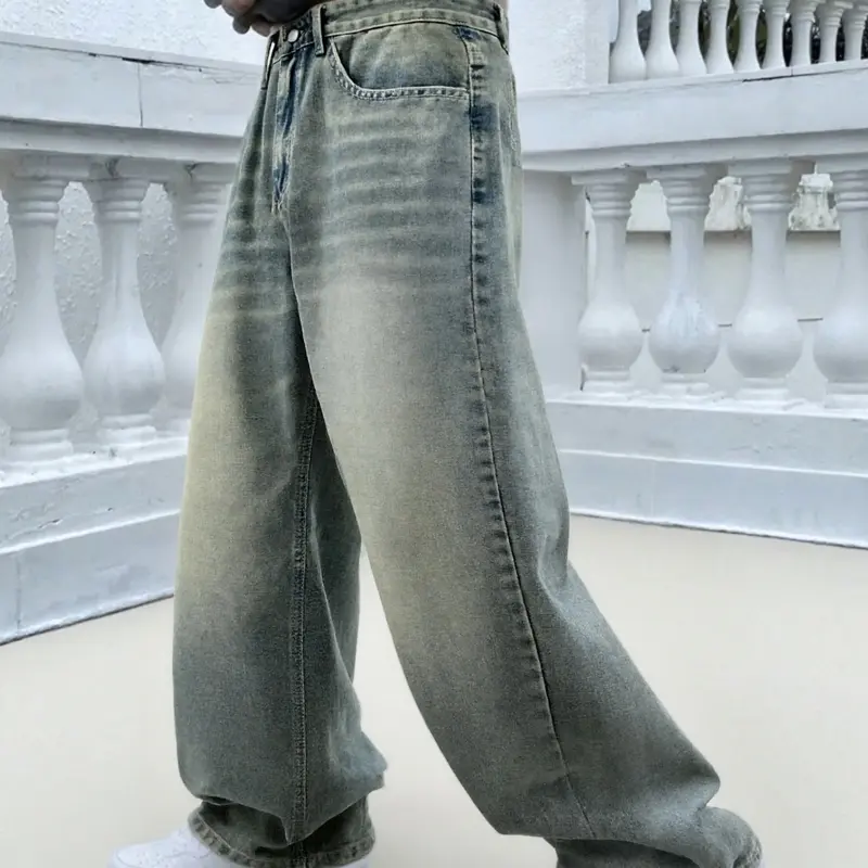 Men's Vintage Washed Denim Jeans, Basic Loose-Fit Wide-Leg Style, Wide Leg Casual, American Streetwear Trendy Look, Cotton Fabric, All Seasons