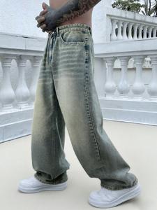 Men's Vintage Washed Denim Jeans, Basic Loose-Fit Wide-Leg Style, American Streetwear Trendy Look, Cotton Fabric, All Seasons