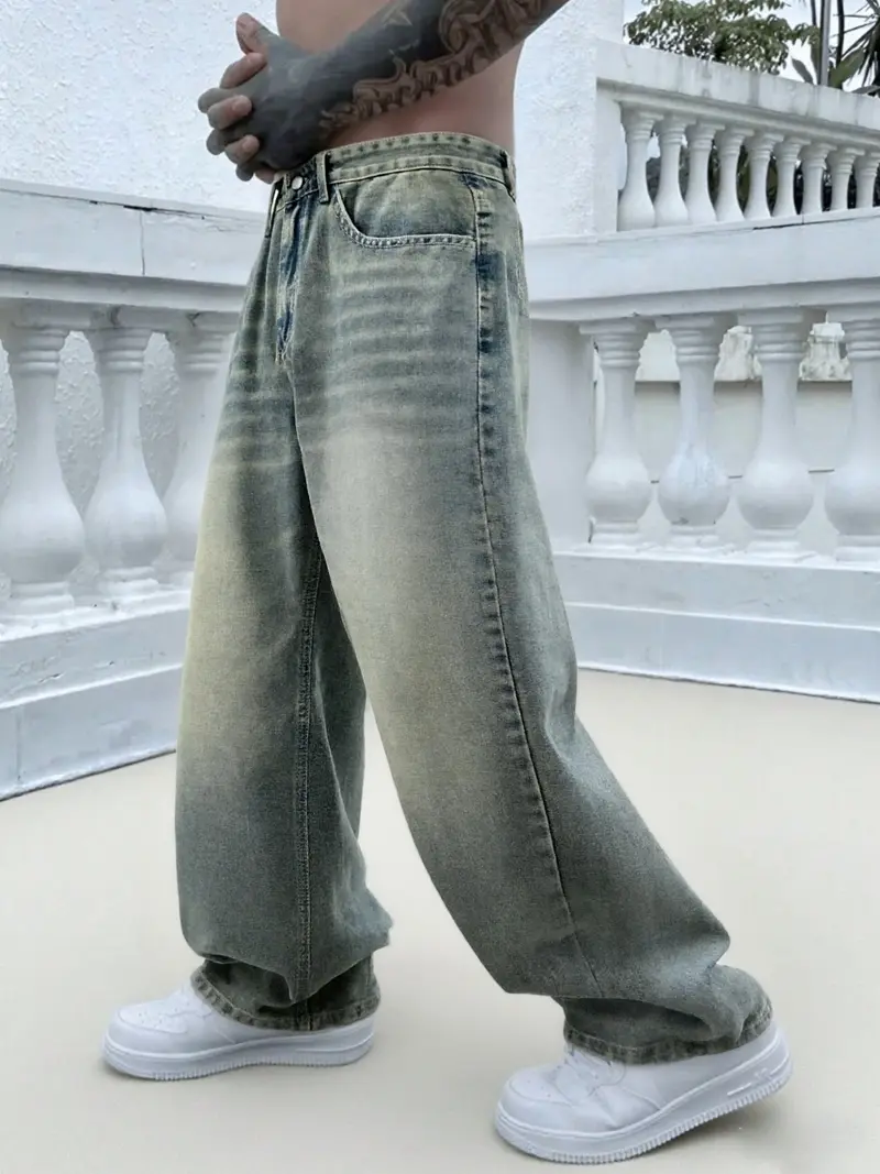 Men's Vintage Washed Denim Jeans, Basic Loose-Fit Wide-Leg Style, American Streetwear Trendy Look, Cotton Fabric, All Seasons