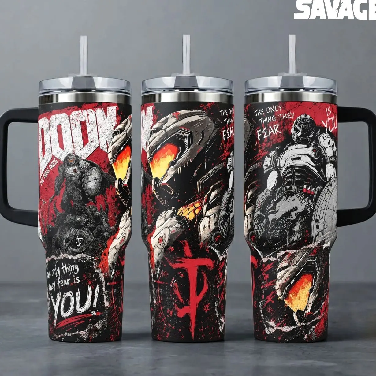 DOOM: The Dark Ages Tumbler, 20oz & 40oz Insulated Travel Mug with Handle & Straw. The Only Thing They Fear Is You Video Game Art Cup, FPS Gamer Merchandise, Perfect Gift for Game Lovers and Fans