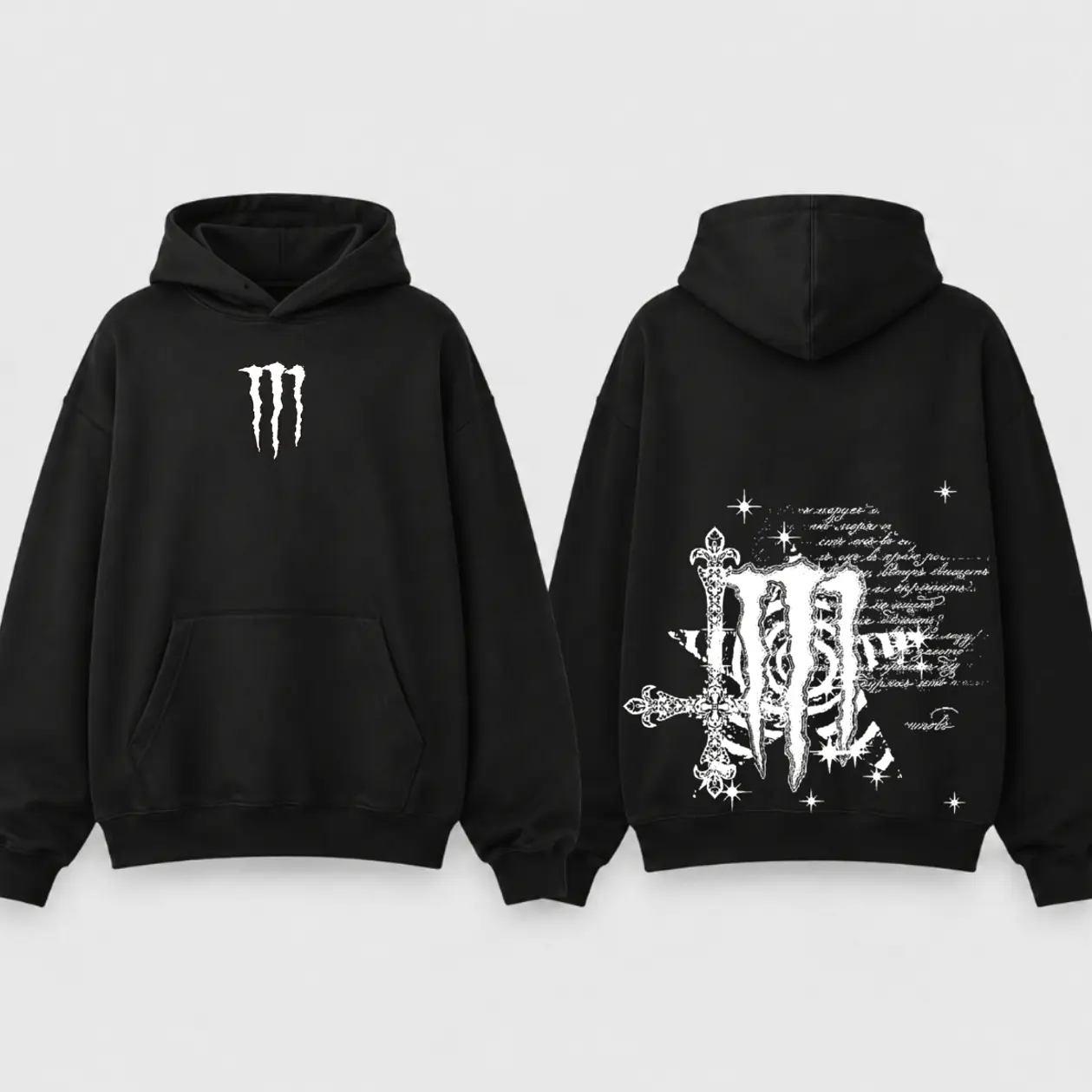 2-Sided Y2K Gothic Monster Hoodie, Dark Alternative Graphic Hoodie, Retro Horror Aesthetic, Large Print Pullover, Unisex Gift For Men Women