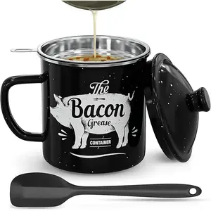 Bacon  Container With Strainer, 46OZ Large Enamel  Container, With  Spatula, Farmhouse Bacon  Keeper, Cooking Oil Container For Kitchen  Storage, Dishwasher Safe-Black