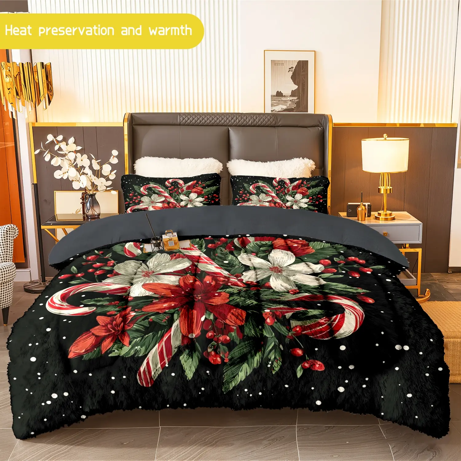 3pcs (1 comforter + 2 pillowcases) Christmas Candy Cane Patterned Flannel & Milk Velvet Comforter Set, Soft Warm Cozy Bedding Set for Adults, Trendy Bedding Essentials