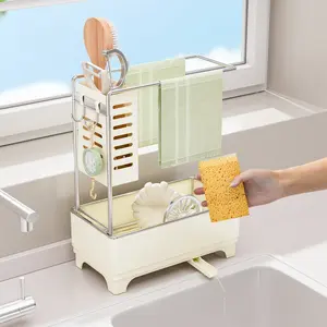 San Dream Kitchen Sink Caddy, Sponge Holder for Kitchen Sink with Brush Holder & Dishcloth Rack, Rustproof Sink Organizer Countertop, Kitchen Organizers Storage Essentials White