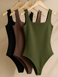 Women's New Knitted Solid Color Square Neck High Waist Slimming Bodycon Soft Breathable Casual All-Match Daily Wear Jumpsuit Bodysuit