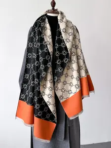 Autumn Winter Medium-Length Dual-Sided Four-Leaf Flower Print Scarf, Warm Neck Protection Multi-Functional Shawl Wrap, Double Sided Scarf