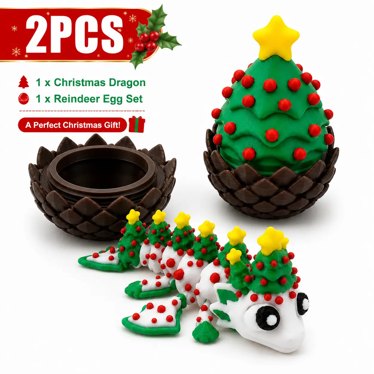 2PCS 3D Printed Christmas Dragon & Christmas Tree Egg Set, Articulated Festive Dragon Figurine with Pinecone Egg Holder, Cute Holiday Desk Decoration, Stocking Stuffer & Christmas Gift for Kids and Collectors