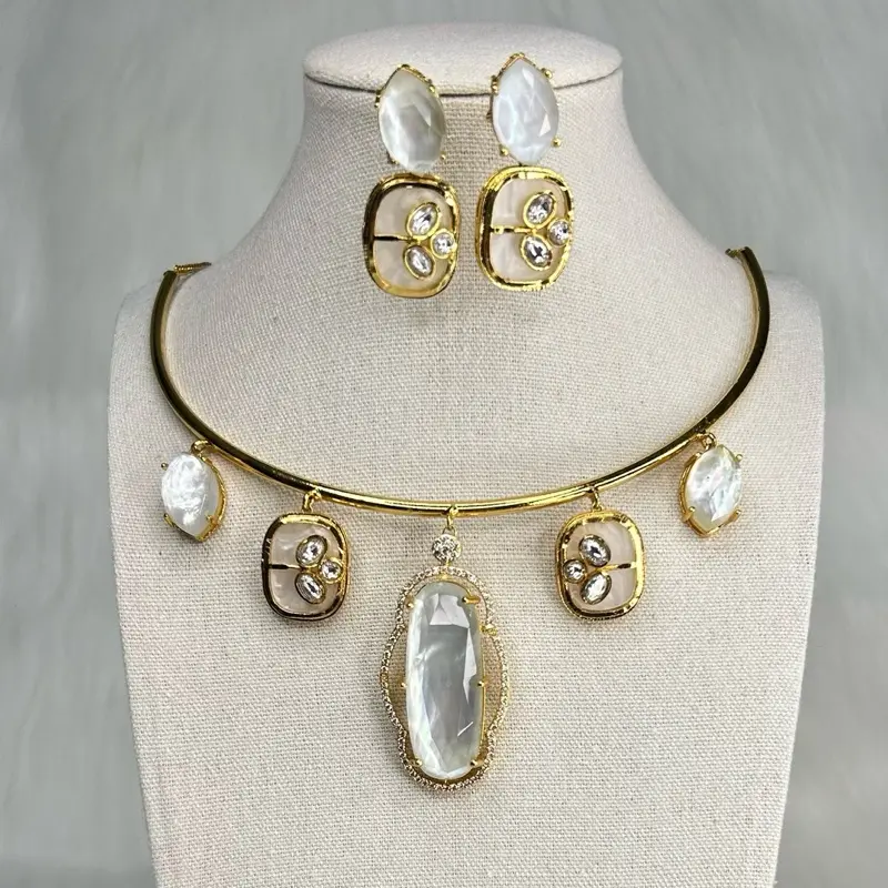Unique Golden Brass and Mona Lisa Stone Hasli Necklace With Matching Cute Earrings Set Featuring Elegant Stone Accents