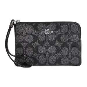 COACH Small Wristlet Clutch Bag for Women – Logo-Zip Style in Black and Gray Faux Leather