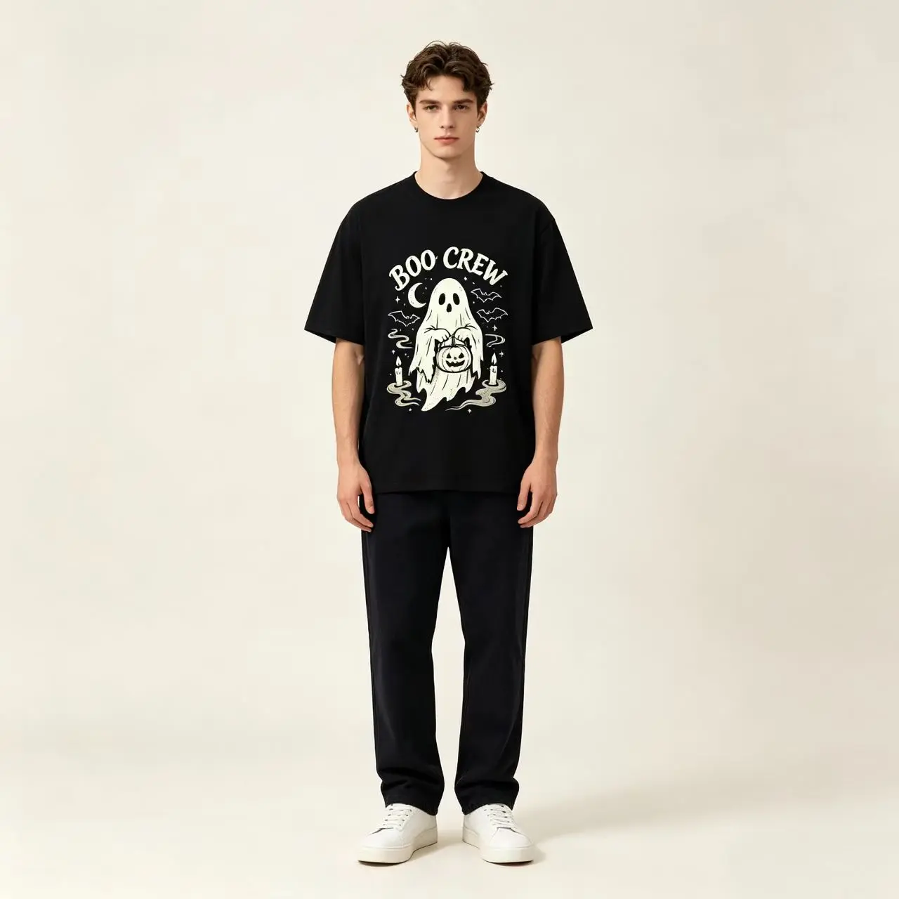 Vintage Boo Crew Ghost Pumpkin Graphic Tee Cotton Oversized Casual Streetwear T Shirt Soft Breathable Loose Fit Men Women Adult Fall Outfit Gift Top