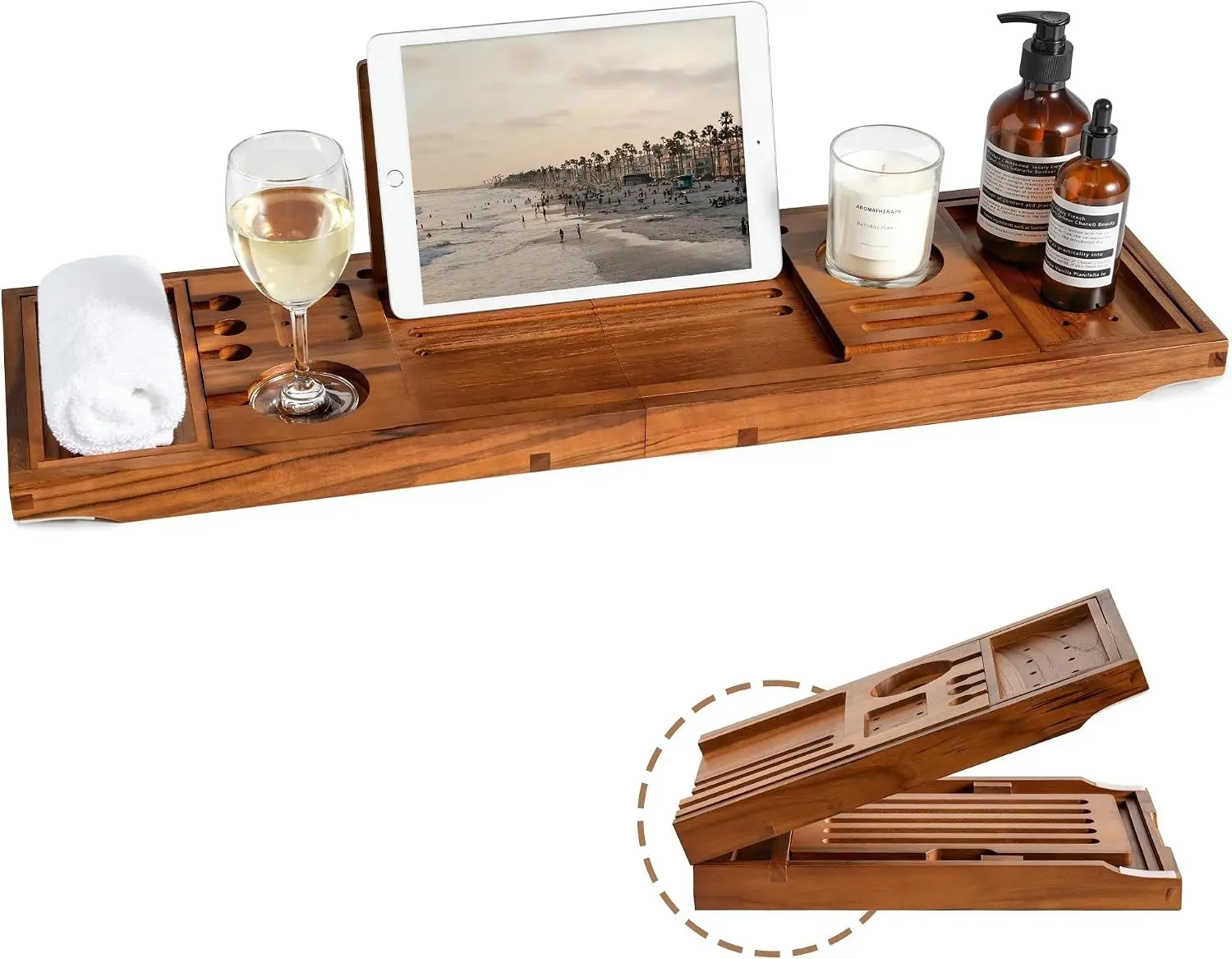 Adjustable Width Bathtub Tray with Wine Holder, Tablet/Phone & Book Stand, Splash-Proof Natural Tray for Relaxing Bath Time