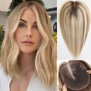 starluck Lage Swiss Base SilkHug 14 Inch Real Human Hair Toppers,60 Gram,100% Real Human Hair Toppers for Women with thinning (Blonde Mixed Brown with Dark Brown Roots,no Bangs)