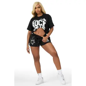 Flaveya Black Rhinestone T-Shirt Short Set