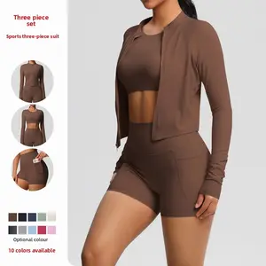 New model: Naked-feel brushed long-sleeve sports jacket, casual pocket shorts, running butt-lifting yoga outfit three-piece set