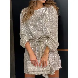 Sequin Tie Waist Long Sleeve Mini Dress