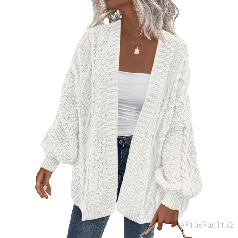 Ladies' Soft Comfortable Oversized Cable Knit Sweater - Open-Front, Chunky Lantern Long-Sleeve Fall Casual Knitwear Outerwear, AAVibeVault32