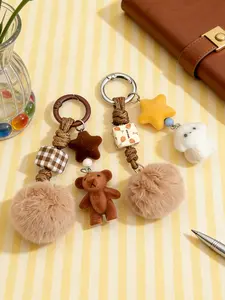 Cartoon Flocked Bear & Puppy Pompom Keychain, Cute Animal Phone & Bag Charm, Plush Bear Keyring, Kawaii Accessory, Gift for Bear Lovers, Fuzzy Keychain, Trendy Cute Keychain