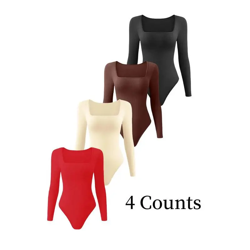 Women's Solid Square Neck Long Sleeve Shapewear Bodysuit, Casual Comfy Tummy Control Shaper for Daily Wear, Womenswear Ladies Shaper Clothes for All Seasons Longsleeves