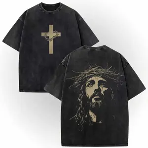 Men's Oversized Jesus Crown of Thorns Double-Sided Print Christian Cotton T-Shirt - Menswear, Short-Sleeve, Casual, Classic Fabric, Cross Design Washed Black Streetwear Top