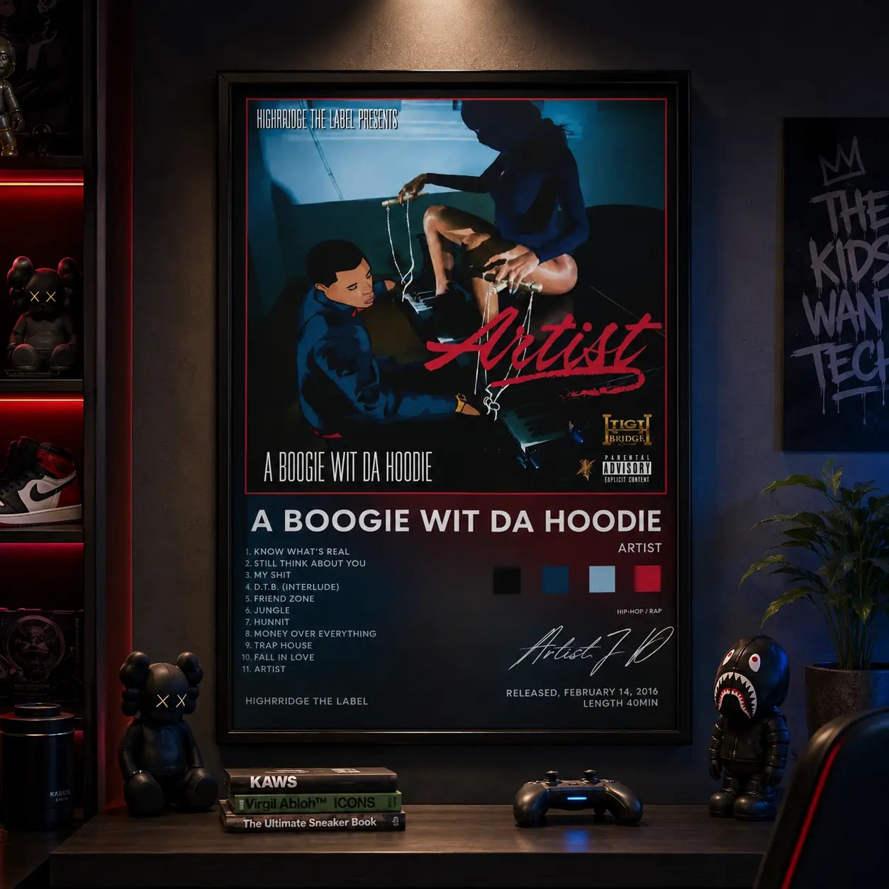 A Boogie wit da Hoodie "Artist" Album Cover Canvas Wall Art, Full Tracklist Color Palette Signed Rap Poster, Highbridge Hip Hop Music Decor for Man Cave Studio Bedroom, Framed Unframed Multiple Sizes