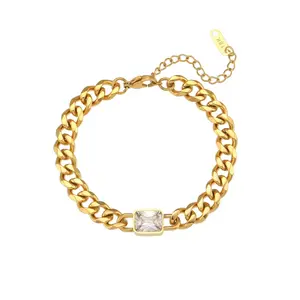 Sloane Chain Bracelet with CZ Rectangle Stone 18K Gold Non Tarnish