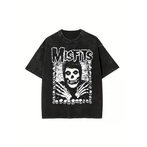 [Vintage Wash] Washed T-Shirts The Misfits Hip Hop Novelty T-Shirt Oversize Skull Streetwear 100% Cotton Summer Tops Tees for Men and Women