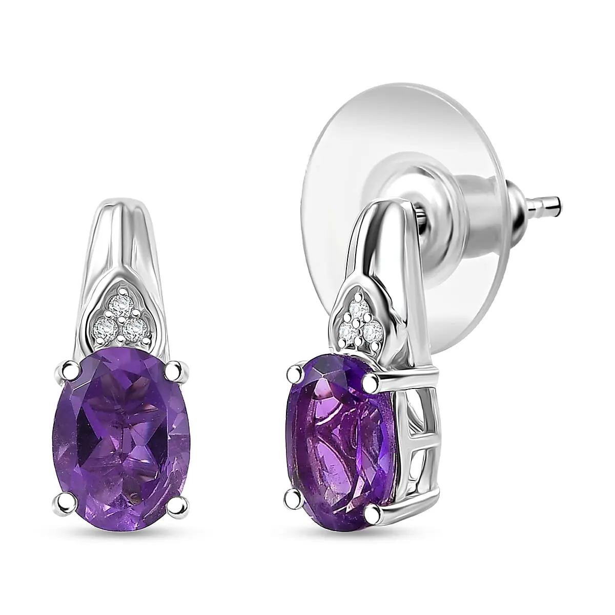 D'Joy African Amethyst, White Zircon Stud Earrings in Platinum Over Sterling Silver and Stainless Steel 2.50 ctw