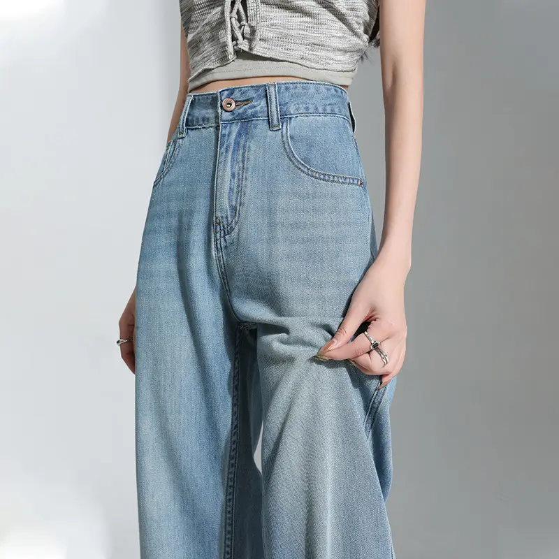 Light Blue Draping Tencel Wide-Leg Jeans for Women 2025 Summer Thin New High Waist Loose Straight Mopping Pants
